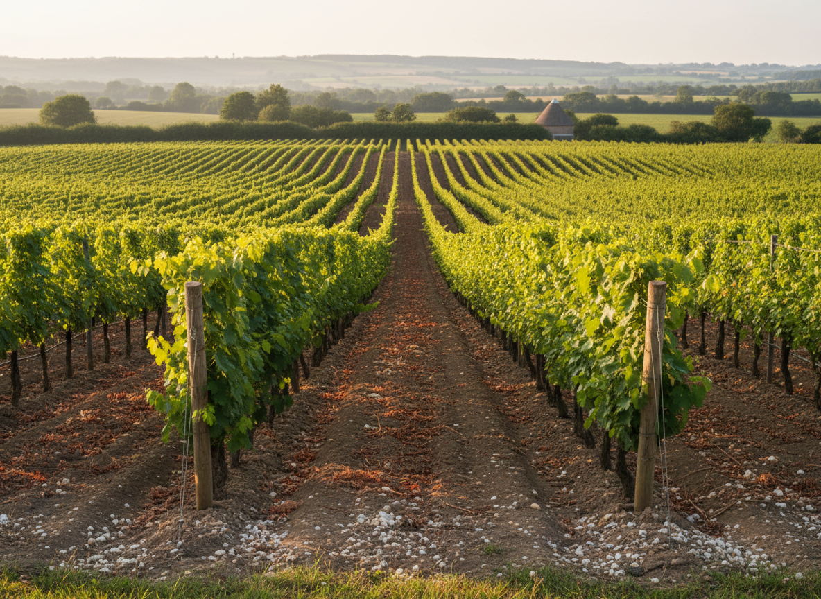 A sweeping panoramic view of a Kent vineyard in late afternoon, endless rows of meticulously trained green vines stretching into gentle, rolling hills. The soil between the rows is a warm chalky brown, revealing flint and limestone pebbles that glint subtly. In the distance, a traditional oast house roof peeks above a line of hedgerow. Soft golden-hour sunlight bathes the scene, creating long, delicate shadows from each vine post and a warm glow on the leaves. Captured at eye level with sharp focus throughout, the composition follows the lines of the vineyard into the horizon, evoking a professional, serene, and aspirational mood in clean, photographic realism.