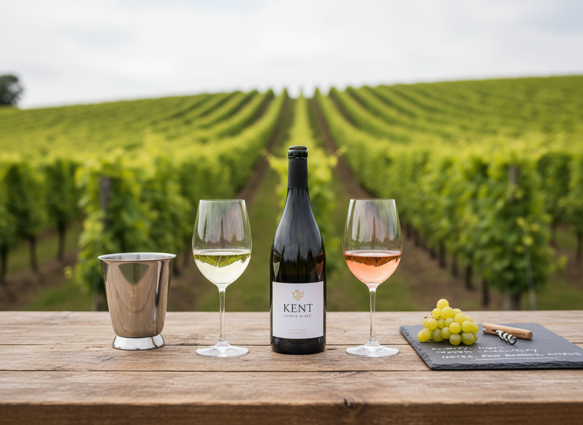 An elegant wine tasting setup on a sturdy reclaimed wooden table placed at the edge of a Kent vineyard. Two crystal-clear wine glasses—one filled with a pale, straw-colored sparkling wine, the other with a delicate rosé—stand beside a single, meticulously labeled bottle marked “Kent” with a minimalist, premium design. In the background, softly blurred vine rows slope gently upwards under a bright but slightly overcast sky, giving diffused, even lighting with minimal shadows. A stainless-steel spittoon and a small slate board with chalk notes about acidity and terroir rest nearby. Photographed from a slightly elevated angle with balanced composition, the mood is refined, informative, and professional, perfectly suited to wine tour and advice imagery.