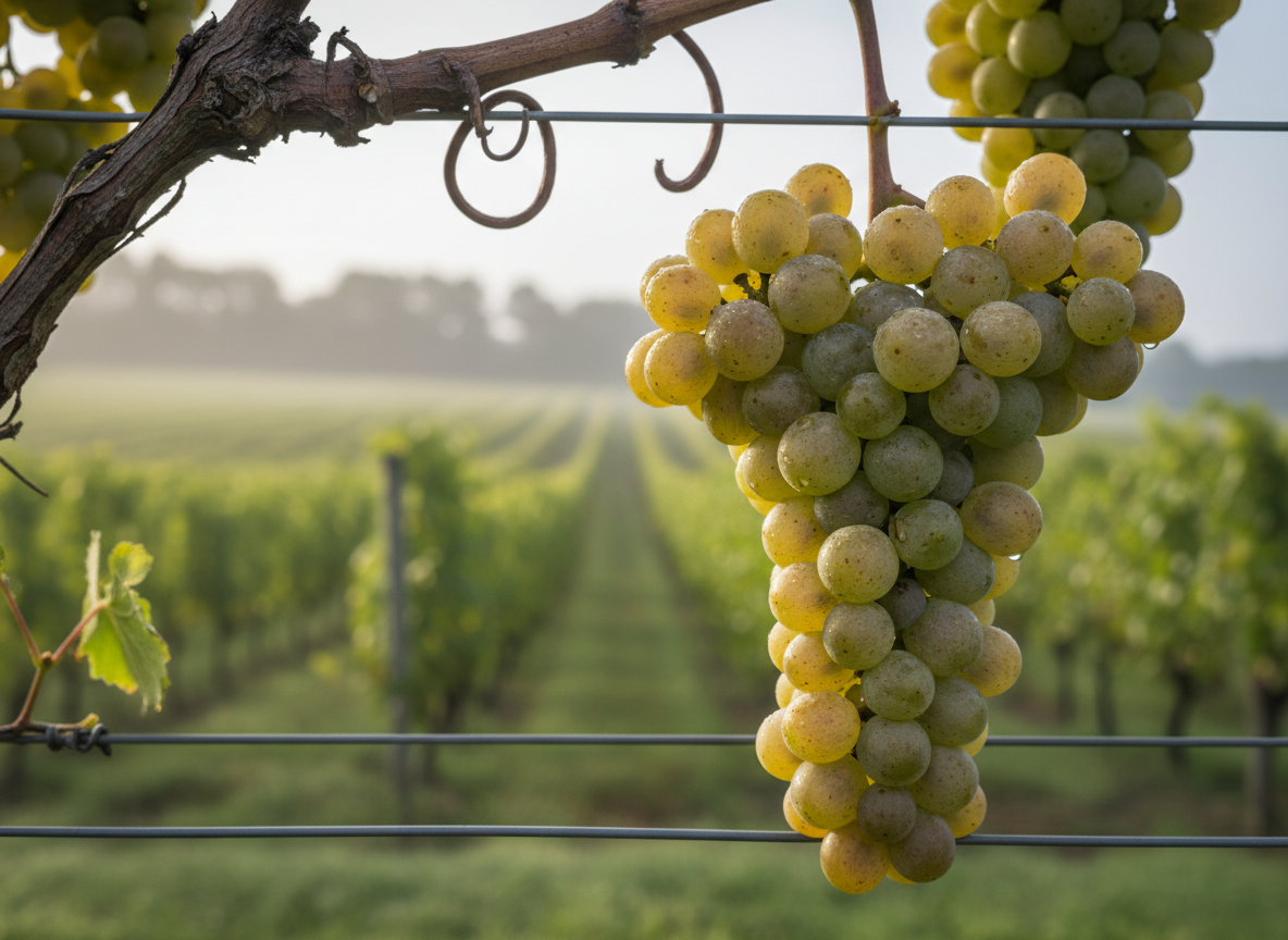 A close-up, photographic realistic shot of a cluster of ripe, dew-speckled Chardonnay grapes hanging from a vine in a Kent vineyard. The translucent pale green grapes show subtle gradients of yellow and gold, with delicate bloom on their skins. They hang from a textured, woody stem wrapped around taut trellis wires. Behind them, out-of-focus rows of vines recede into soft, diffused early morning light, with a hint of mist clinging to the distant hedgerows. Shot with a shallow depth of field at eye level, the grapes dominate the frame in sharp detail, tiny water droplets catching the light. The mood is fresh, precise and professional, celebrating the purity and quality of Kentish fruit.